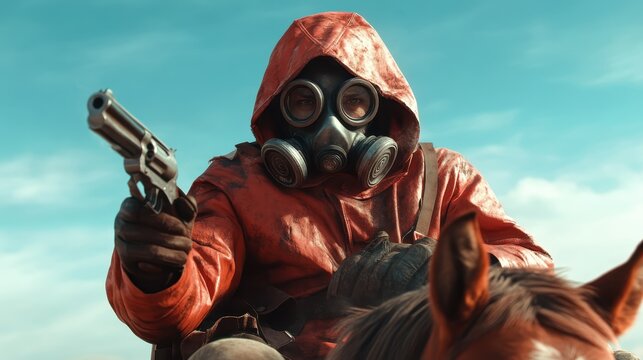 A mysterious figure with a gas mask and red hood holds a gun while riding a horse, evoking a sense of danger and a dystopian atmosphere in a barren landscape.