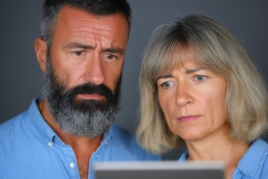 A concerned middle-aged couple looking at a laptop screen together