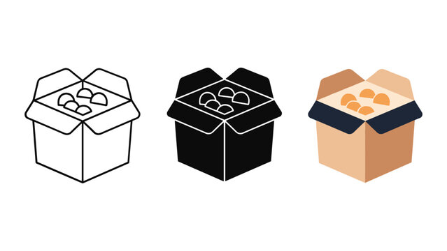 Open cardboard shipping box icons with contents inside in linear black silhouette and flat brown color vector styles for logistics and e-commerce platform design