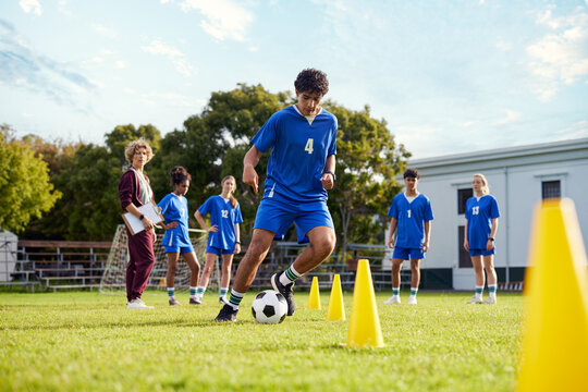 Football drill training at high school campus