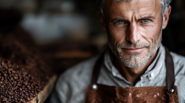 A handsome mature man with gray hair stands confidently in a coffee shop surrounded by coffee beans, embodying the passion and artistry of the coffee-making process.