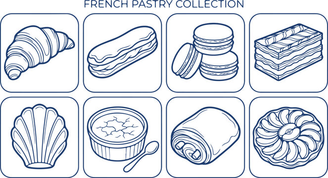 French pastry collection line art illustration with croissant, eclair, macarons and more.