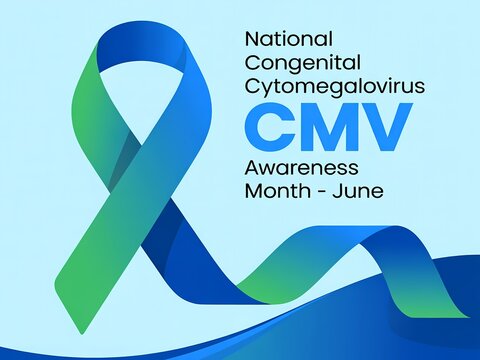 National congenital cytomegalovirus awareness month in june with blue and green awareness ribbon