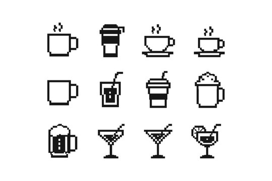 Collection of pixel art icons representing various beverages and drinks