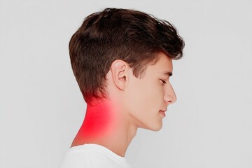 Fototapeta premium A young man with neck pain highlighted in red on a plain background