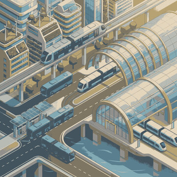 Futuristic city transportation hub with monorails, buses, and modern architecture.