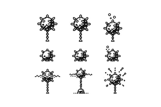 Collection of pixel art naval mines in various states of readiness and deployment