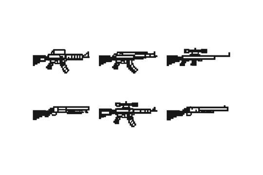 Pixel art collection of various firearms including rifles and shotguns