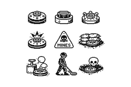 Pixel art icons depicting landmines, danger signs, and demining activities