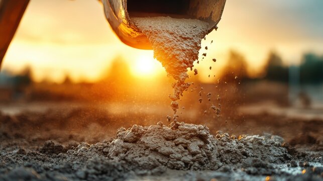 A close-up view of concrete being poured from a chute at sunset, capturing the essence of construction and the beauty of industrial work in a vibrant golden light.