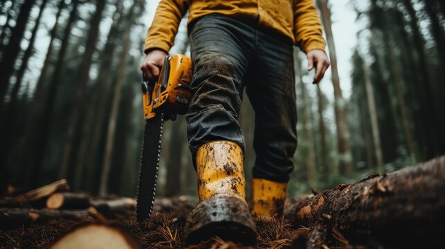 A logger dressed in yellow boots and a jacket stands amidst towering trees, ready to work with a chainsaw, embodying the essence of forestry and outdoor labor.
