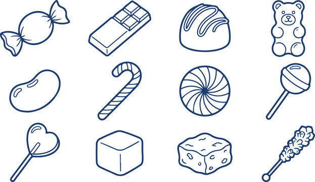 Collection of various candy outlines on transparent background for design.