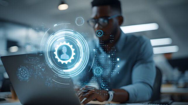 Businessman using laptop with glowing gear interface isolated on transparent background asset