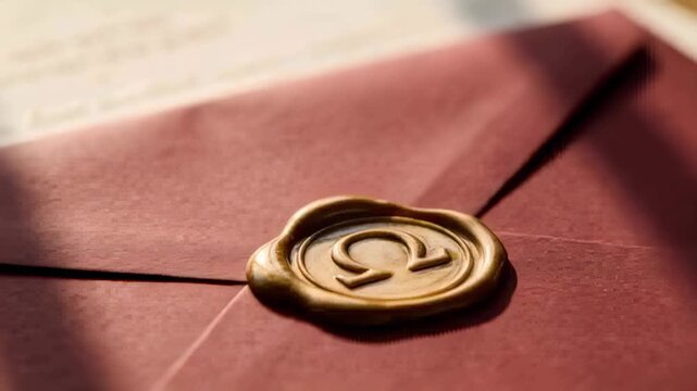 Lowering brass seal, pressing into molten wax on red envelope at desk, sealing with omega emblem