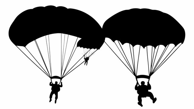Silhouettes of three skydivers with parachutes open, extreme sports and adventure concept