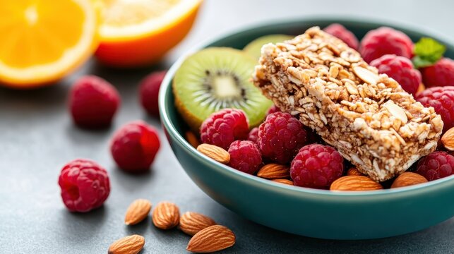 A colorful bowl filled with healthy snacks including granola bars, fresh fruits, and nuts, promoting a vibrant lifestyle and balanced nutrition for health-conscious individuals.