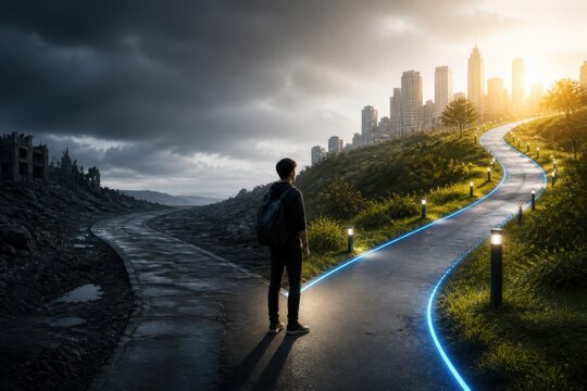 Split path toward a city skyline with dramatic light and a lone person standing between dark and bright landscapes