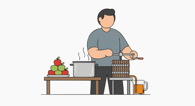Man making apple cider using a press and boiling apples in a pot