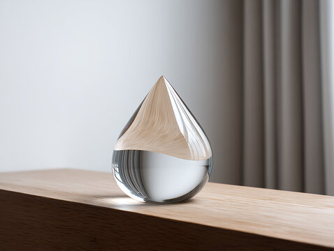 A heavy, clear glass paperweight in a smooth, teardrop shape