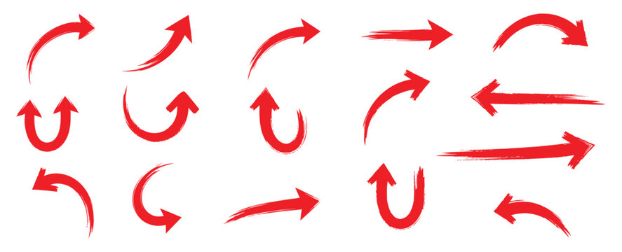 Set of red brush stroke arrows pointing in various directions