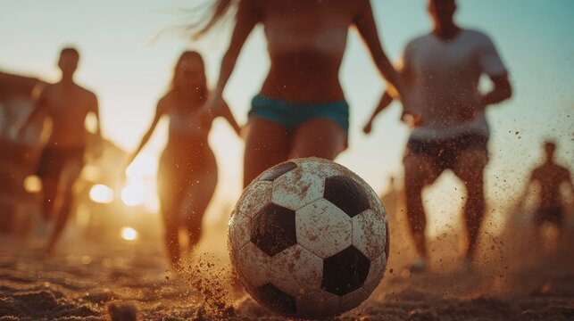 An energetic scene of friends playing beach soccer during sunset, capturing the joy of summer, friendship, and the spirit of outdoor activity on warm sands.
