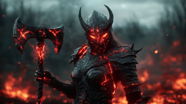 A fierce warrior adorned in armor with glowing lava details stands defiantly in a bleak volcanic landscape, symbolizing power and resilience in the face of destruction.