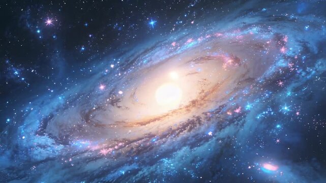 Recording spiral galaxy rotating in one-second frames in space, revealing bright core and blue arms