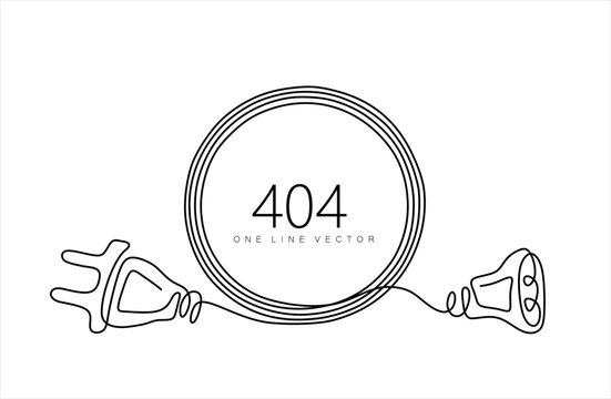Continuous one line drawing of Electrical outlet and plug unplugged. 404 error,page not found, connection error or time out.  Hand drawn one line vector. Editable stroke