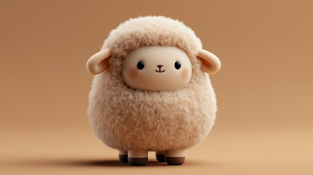 A cute plush sheep toy standing alone on a plain beige background for Eid al-Adha celebrations