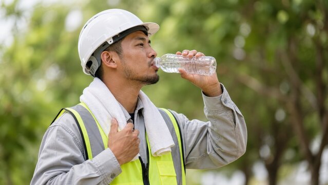 Construction worker in safety vest and hard hat drinks water to stay hydrated while working outdoors during hot summer weather