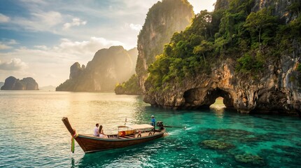 Fototapeta na wymiar A traditional longtail boat with a couple sailing towards a limestone cave in a turquoise tropical sea.