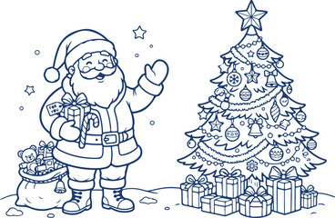 Obraz premium Santa Claus with sack near Christmas tree gifts outline blue illustration.