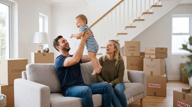Happy Young Family with Baby Surrounded by Moving Boxes in New Home with Staircase &mdash; Relocation and New Home Concept