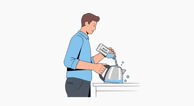 Man pouring white vinegar into electric kettle for cleaning limescale buildup