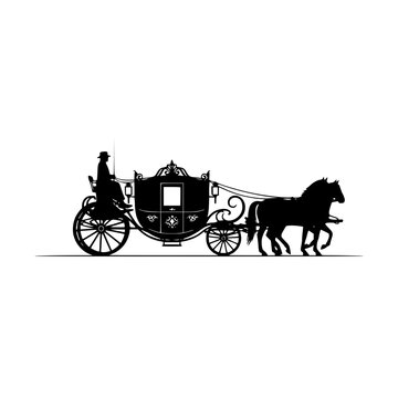 Silhouette of a vintage horse-drawn carriage with coachman and two horses