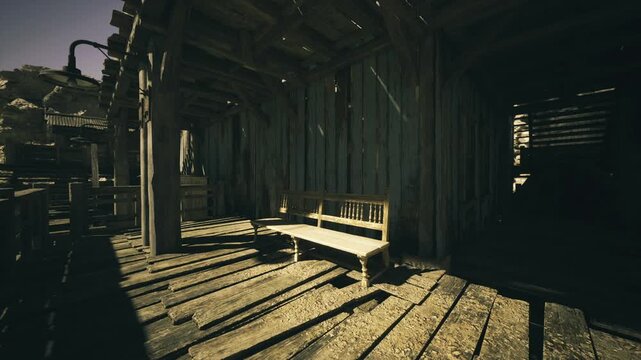 Abandoned cabin interior with sunlit bench and long shadow patterns, dusty floorboards and vertical beams create cinematic minimalism, moody stillness ideal