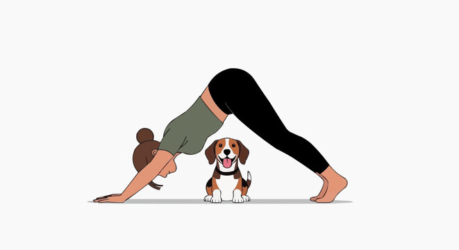 Woman doing downward dog yoga pose with a happy beagle dog
