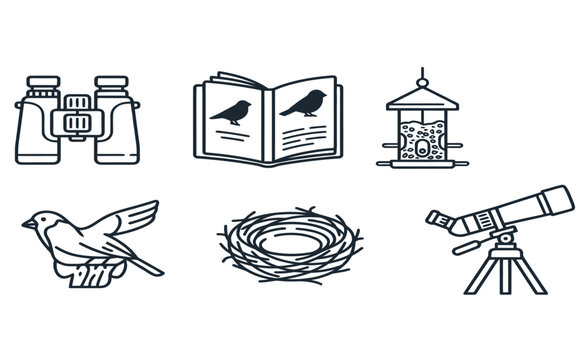 Set of six bird watching icons featuring binoculars guide book feeder bird nest and spotting telescope
