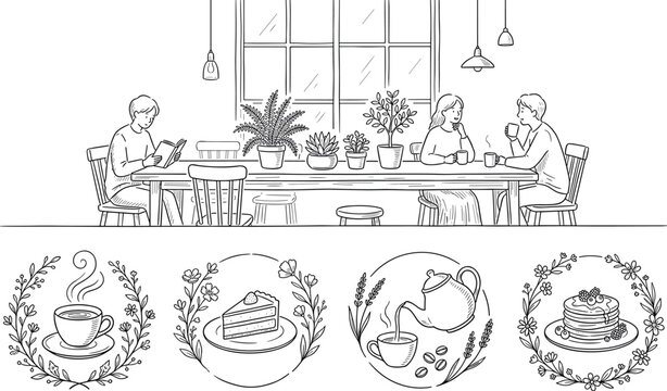 Vintage Family Dinner Illustration with Table Setting and Decorative Laurel Wreaths Line Art