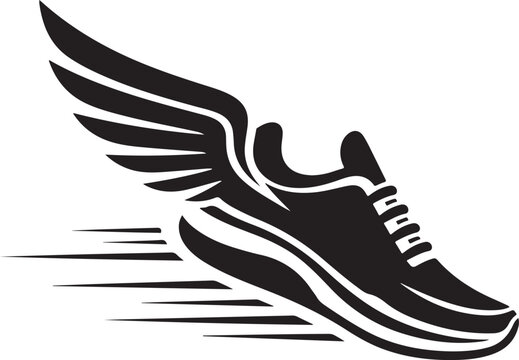 Black silhouette icon of a running sneaker shoe with wings showing speed and motion