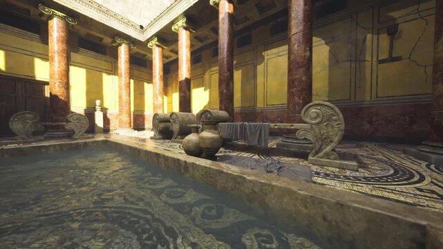 Sunlit ancient mosaic floor in bathhouse, columned atrium with carved stone benches, worn tiles and faded frescoes, warm golden light streaming through high