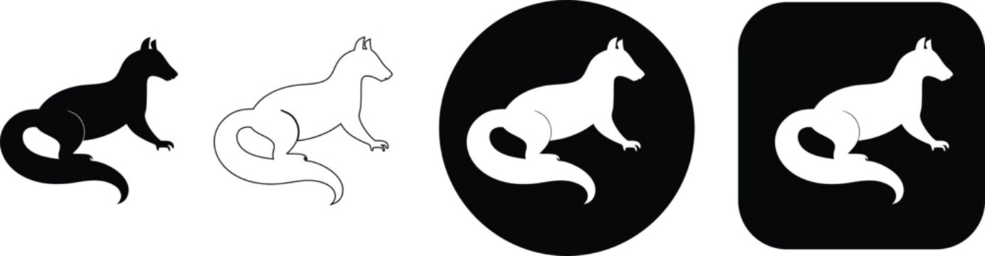 Set of four stylized weasel in black and white showing solid silhouette outline circle and square formats