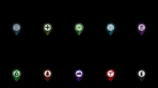 Glossy multicolor 3D location pin collection with diverse urban and outdoor category icons, designed for open-world game interfaces, navigation apps, and interactive dashboards