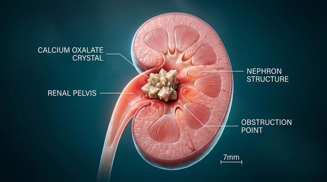Nephrological pathology showing a calcium oxalate calculus blocking the renal pelvis for clinical urology diagnostics and surgical education resources.