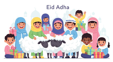 Fototapeta premium Happy Muslim Children Celebrating Eid Al Adha With Sheep And Gifts Islamic Festival
