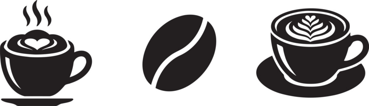 Black coffee icons with latte art and bean