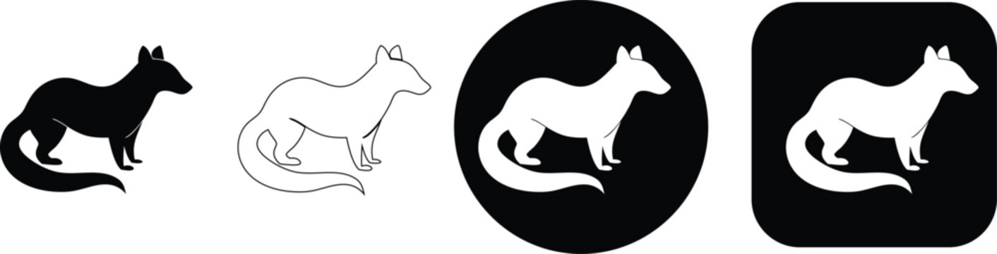 Set of four black and white weasel including solid silhouette outline circle and rounded square styles