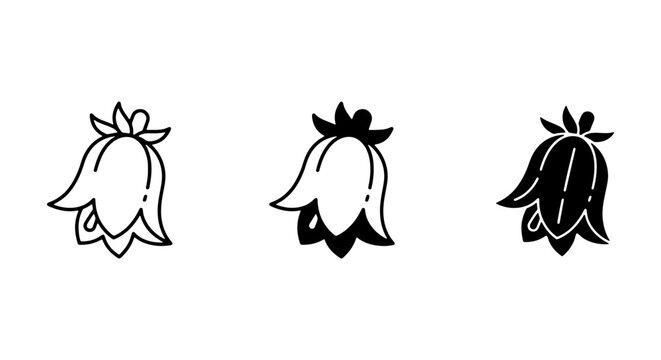 Bell Flower Icons Set, Botanical Vector Graphics, Simple Outline Floral Elements, Campanula Flower Symbols