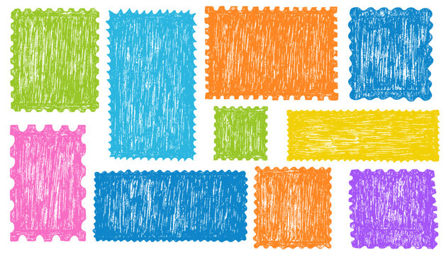 Crayon postage stamp frames. Hand drawn colorful funky blank postage frames with zigzag, rippled and wavy edges. Square, rectangle shape kid photo, picture boarder. Vector funky postcard stamp borders