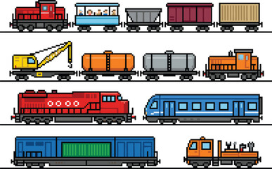 Pixel art train collection featuring locomotives, freight cars, passenger coaches, and maintenance vehicles for retro transportation and game design © Habibur111